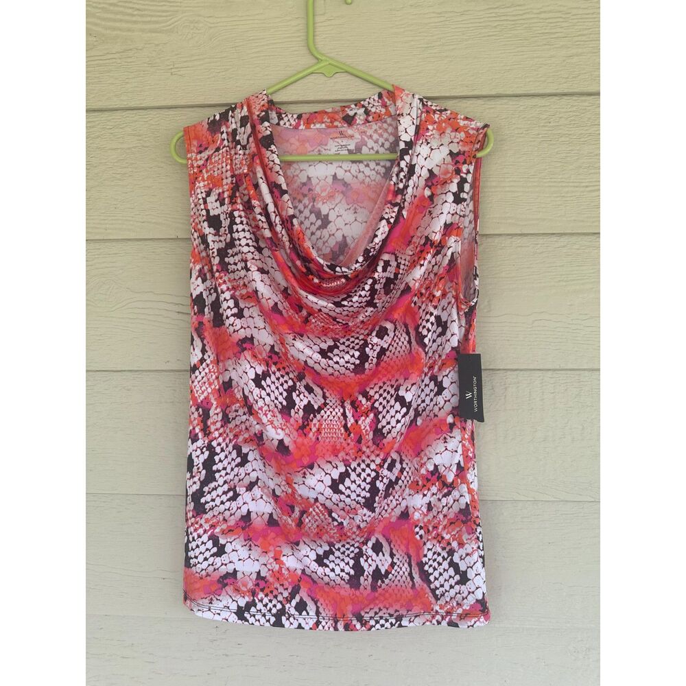 NWT Worthington Pink Orange Snakeskin Cowl Neck Sleeveless Blouse - Size L